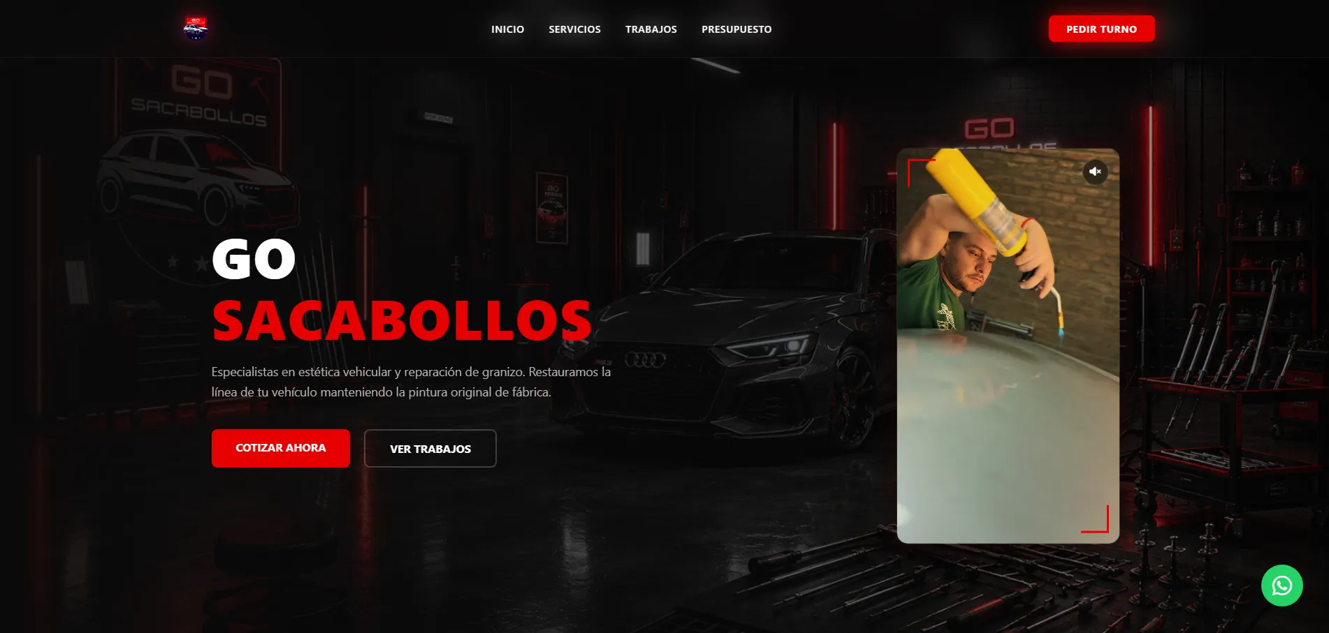 Web de Go Sacabollos con fondo de taller oscuro, título en rojo y video de un trabajo de reparación